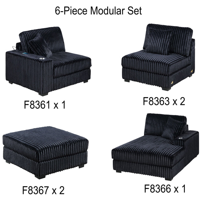 6 Piece Modular U Sectional Sofa Set With USB Cup Holder, Low Leg - Black