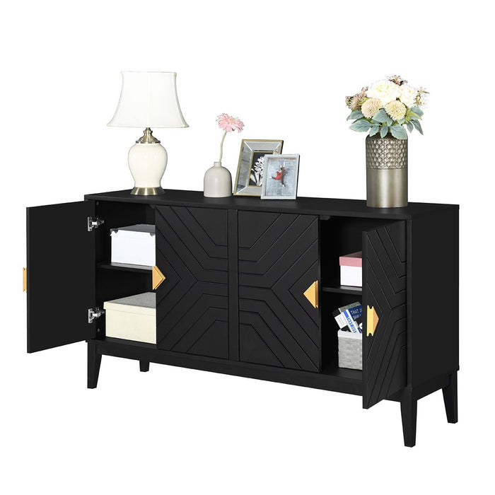 4 Door Sideboard Storage Cabinet For Living Room And Dining Room, 2 Large Cabinets With Gold Handles And Adjustable Shelf - Black