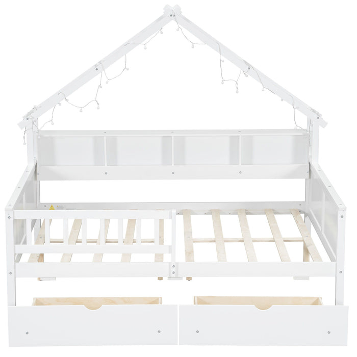 House Style Platform Bed With LED Lights, Storage Shelves, Drawers, And Guardrail