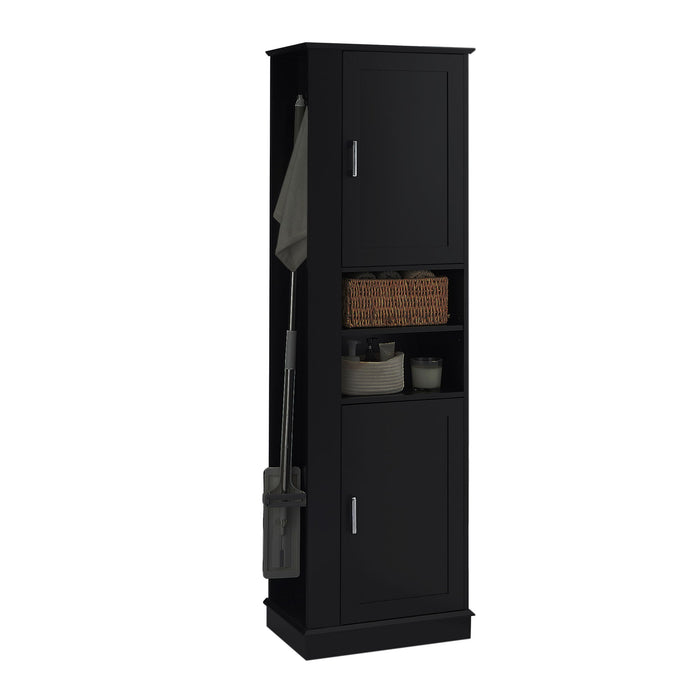 Tall Freestanding Bathroom Storage Cabinet With Adjustable Shelves And Side Hooks Board, Rectangle Design