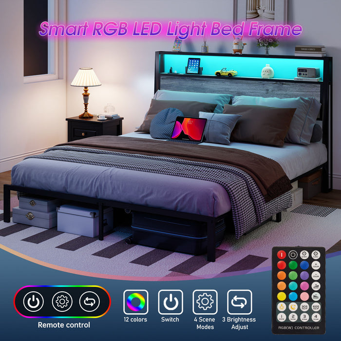 Bed Frame With RGB LED Light And Charging Station
