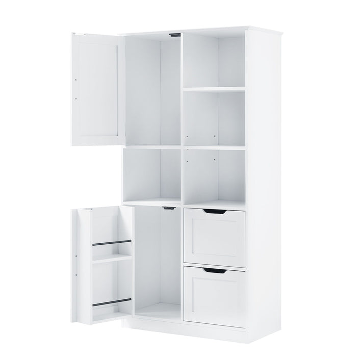 Freestanding Bathroom Storage Cabinet With Doors And Drawers, Adjustable Shelf, Open Shelves - White