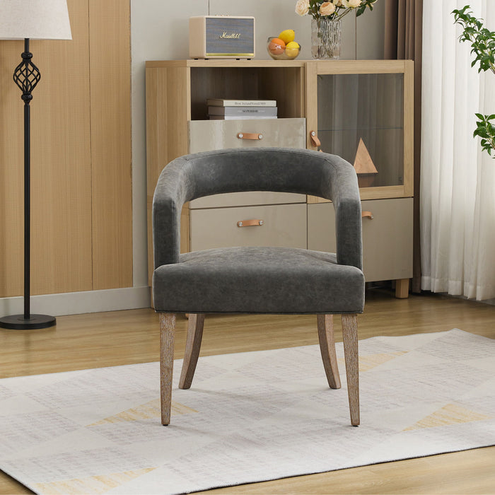 Wide Modern Barrel Open Back Upholstered Accent Chair With Weathered Solid Wood Legs