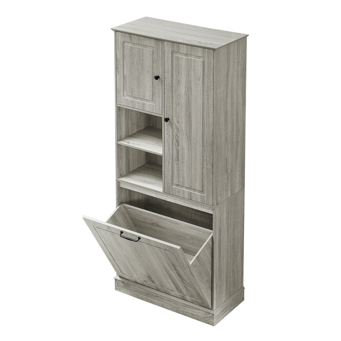 Modern Tall Storage Cabinet With Adjustable Shelves, Flip-Out Basket & Enclosed Doors