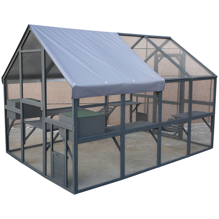 Spacious Wooden Cat Catio Outdoor Kitty House With Bridges And Roof Cover - Gray