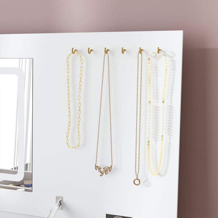Flip Top Vanity Desk With LED Mirror & Outlet Makeup Table With 2 Drawers, Open Storage, And Jewelry Hooks - White