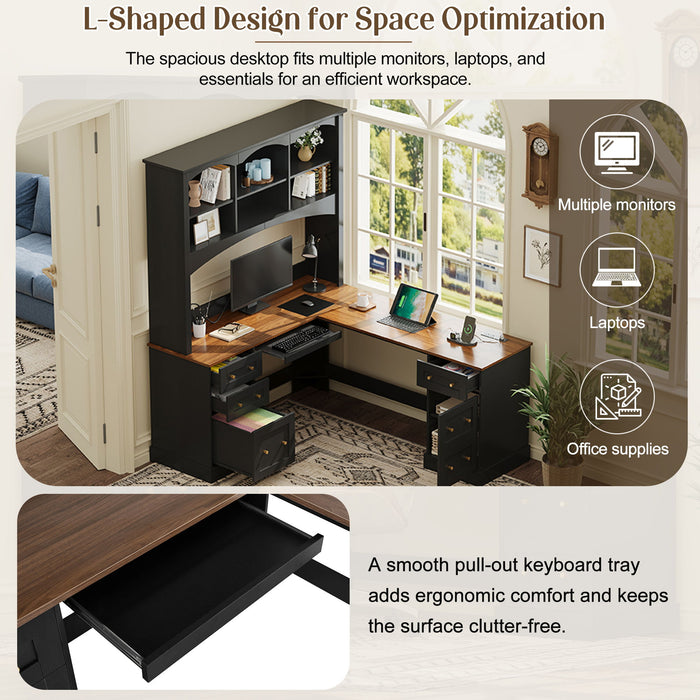 Space Saving L-Shaped Computer Desk With Keyboard Tray & Charging Stations
