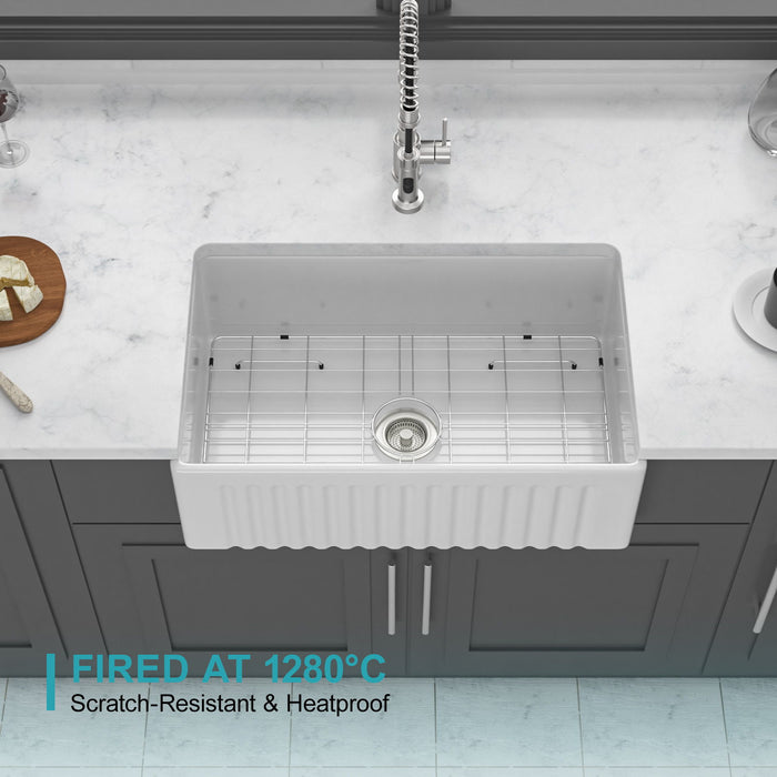 Apron-Front Reversible Single Bowl Kitchen Sink With Accessories - White