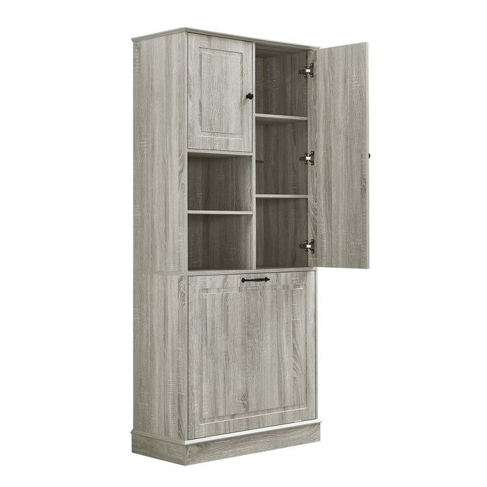Modern Tall Storage Cabinet With Adjustable Shelves, Flip-Out Basket & Enclosed Doors
