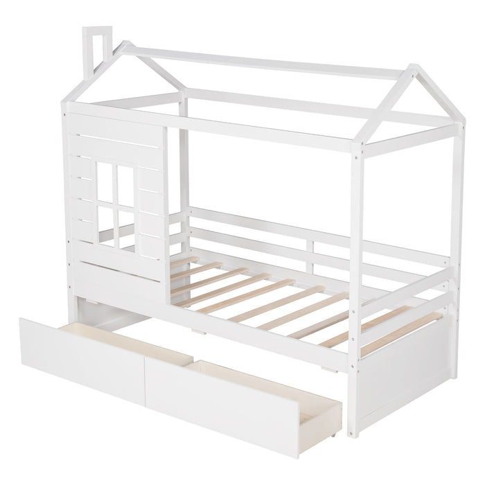 Twin Size Classic House Bed With 2 Drawers - White