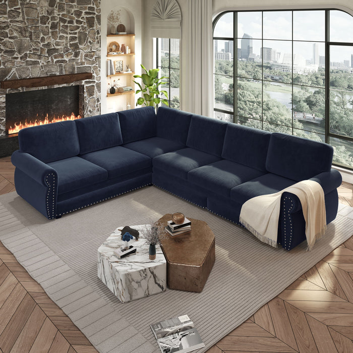 L-Shaped Sofa Couch With Pull Out Bed With Nailhead Trim & Rolled Arm