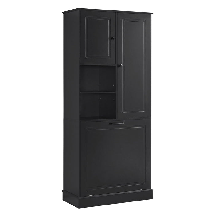 Modern Tall Storage Cabinet With Adjustable Shelves, Flip-Out Basket & Enclosed Doors