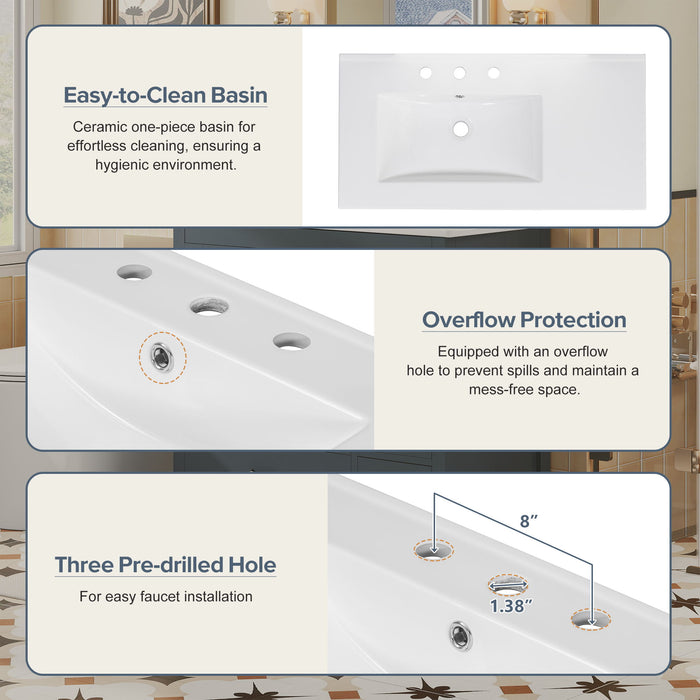 Bathroom Vanity With Ceramic Sink Combo, Abundant Storage Cabinet 2 Soft Close Doors And 5 Drawers