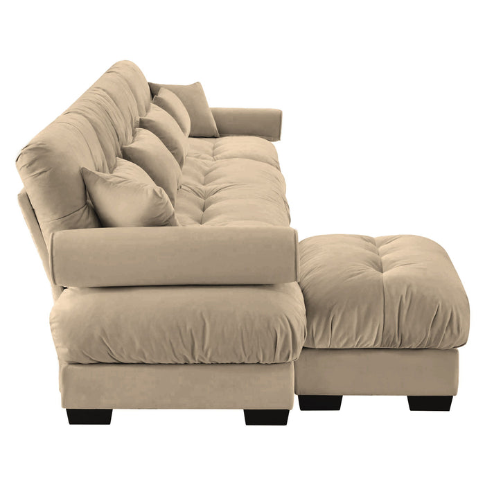 Modern Sectional Sofa With Ottoman, Round Bolster Armrests, Waist And Throw Pillows