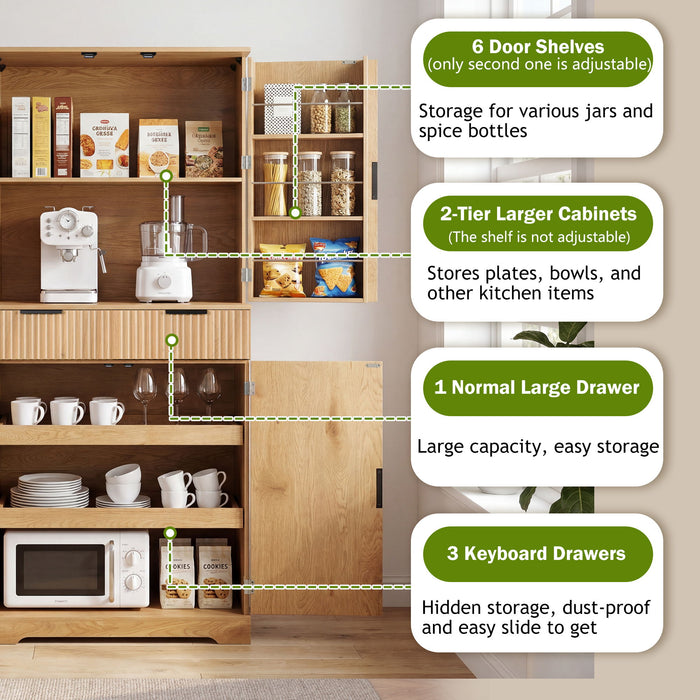 Fluted Kitchen Pantry Cabinet With 3 Keyboard Drawers & 6 Door Shelves Adjustable