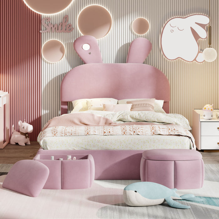 Full Upholstered Platform Bed With Cartoon Ears Headboard And LED Light - Pink
