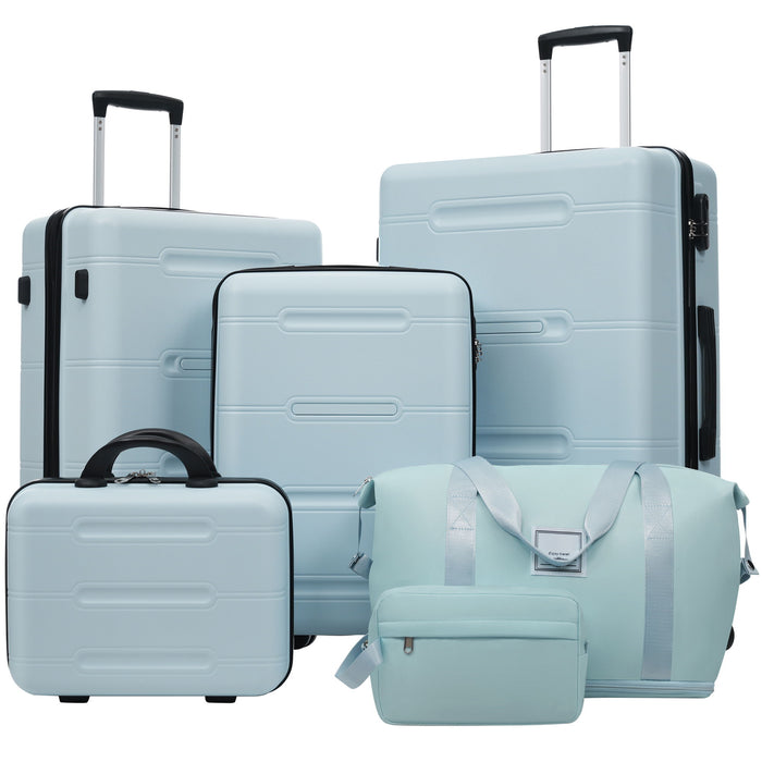 6 Piece Lightweight Hardshell Luggage Set With Double Spinner Wheels, Password Lock