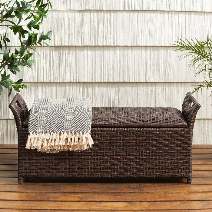 Outdoor Rattan Bench With Flair Arm And Storage - Brown