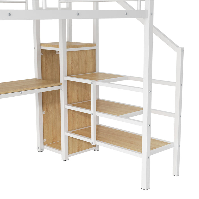 Loft Bed With Desk, Storage Staircase, Small Wardrobe And LED Light