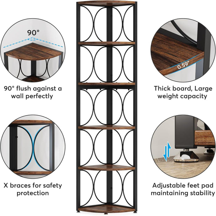 Tall 6 Tier Corner Bookshelf Storage Rack For Living Room - Rustic Brown