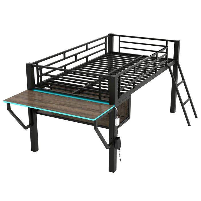 Gaming - Twin Loft Bed With Desk And LED - Black