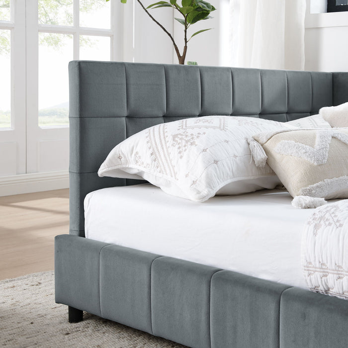 Mid-Century Storage Upholstered Tufted Bed Frame With Backrest And Armrests