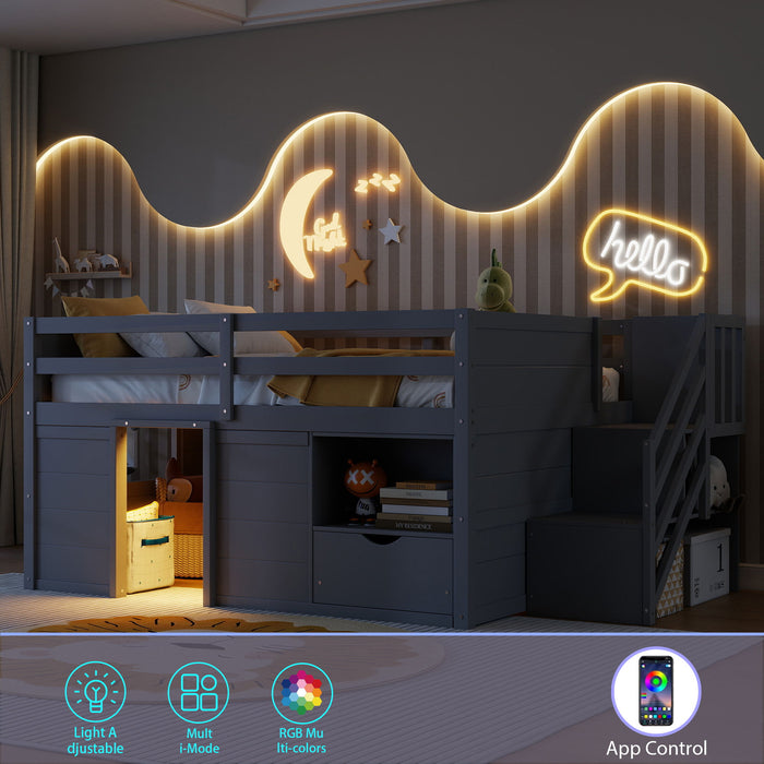 Low Loft Bed Frame With Built In Stairs, Storage Drawer, Shelf And 7 Color LED Light