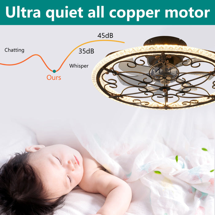 Caged Ceiling Fan With Remote Controlled LED Light - Matte Black