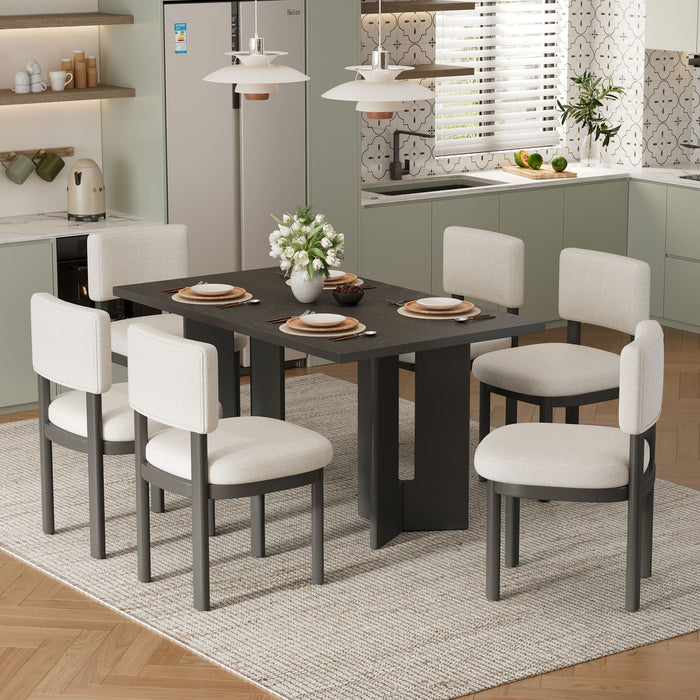 Dining Table Set With 6 Upholstered Chairs, Rectangular Table With Cutout Legs