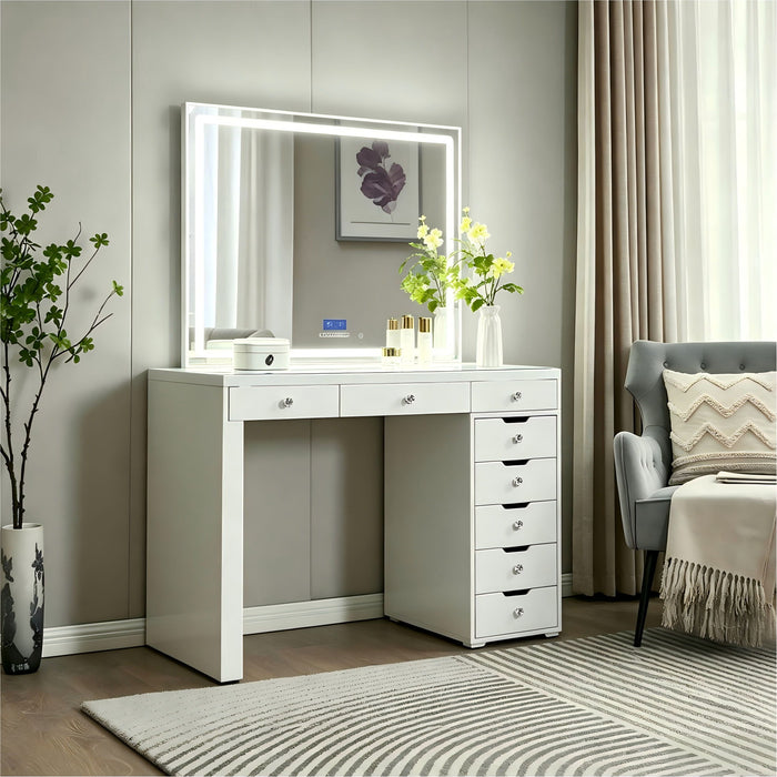 Makeup Vanity Desk With LED Lighted Mirror, 9 Drawers For Bedroom - Gloss White