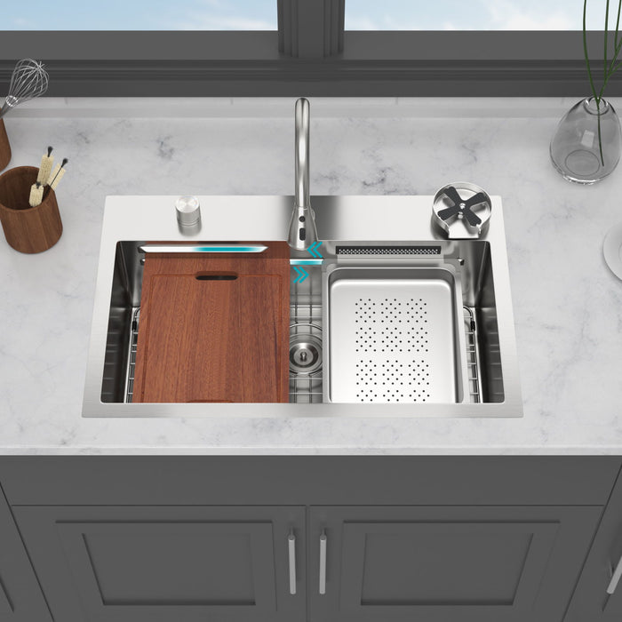 Drop In Waterfall Kitchen Sink With Pull Out Faucet & Cup Washer