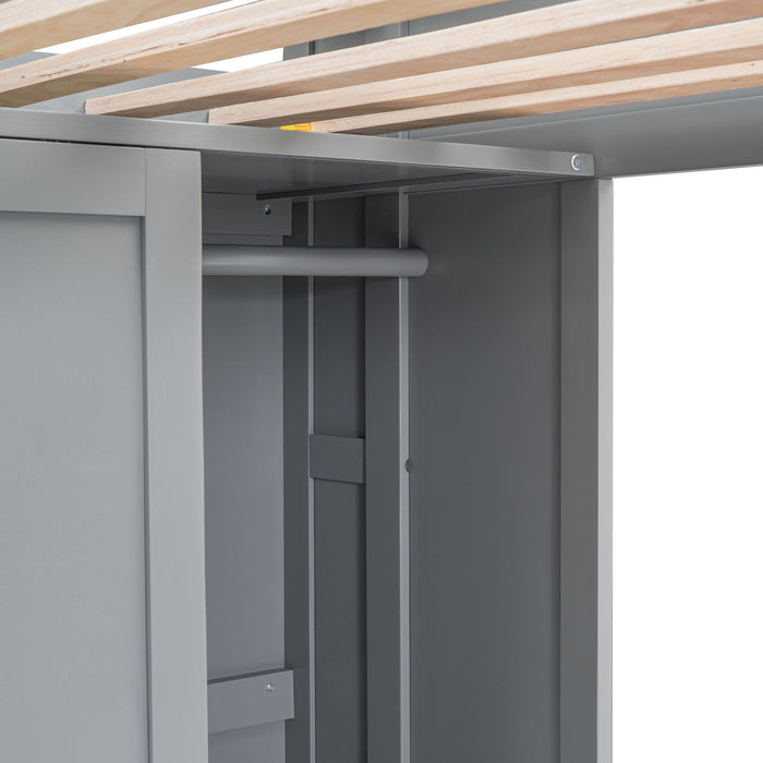 Loft Bed With Built In Desk, Storage Shelves, And Wardrobe