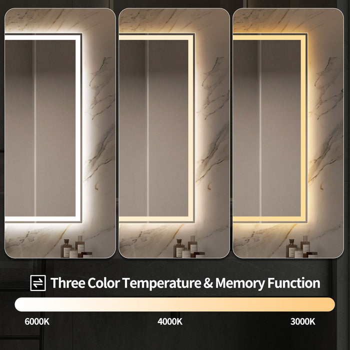 LED Bathroom Vanity Wall Mirror With Straight Edge Design, Frosted Glass Finish, Anti Fog, Dimmable 3 Color Lighting - Silver