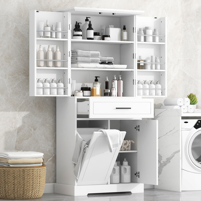 Freestanding Bathroom Storage Cabinet With Doors, Drawers, And Tilt Out Laundry Hamper - White