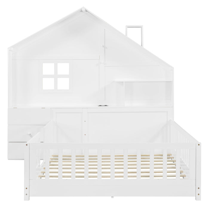 Full Size House Bed With Window And Bedside Drawers, Platform Bed With Shelves And A Set Of Sockets And USB Port - White