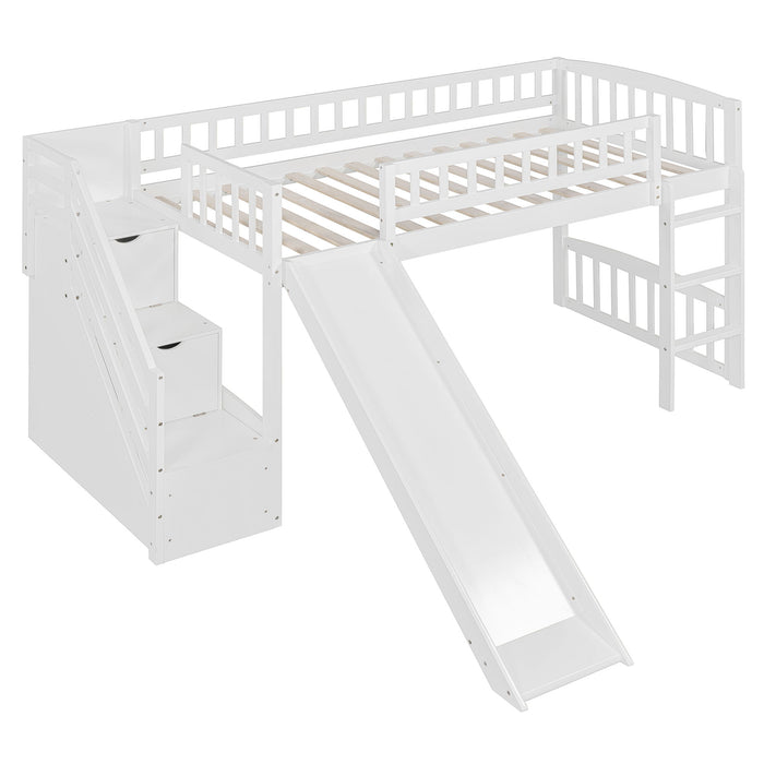 Loft Stairway Bed With 2 Drawers, Convertible Ladder And Slide