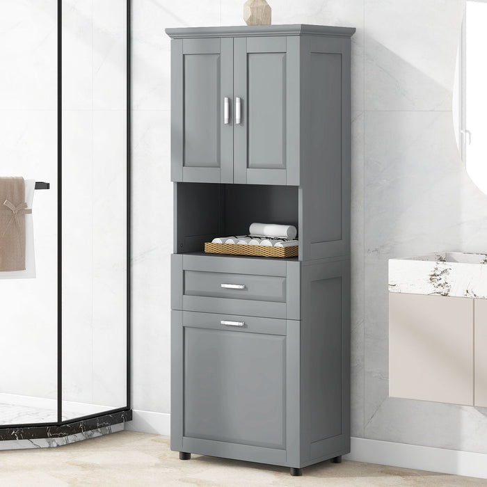 Tall Bathroom Cabinet With Tilt-Out Laundry Basket And Upper Storage