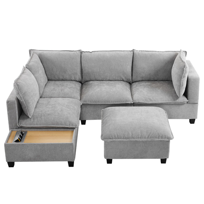 U-Shaped Sectional Modular Sofa With A Movable Ottoman, A Coffee Table With Hidden Charging Devices For Living Room