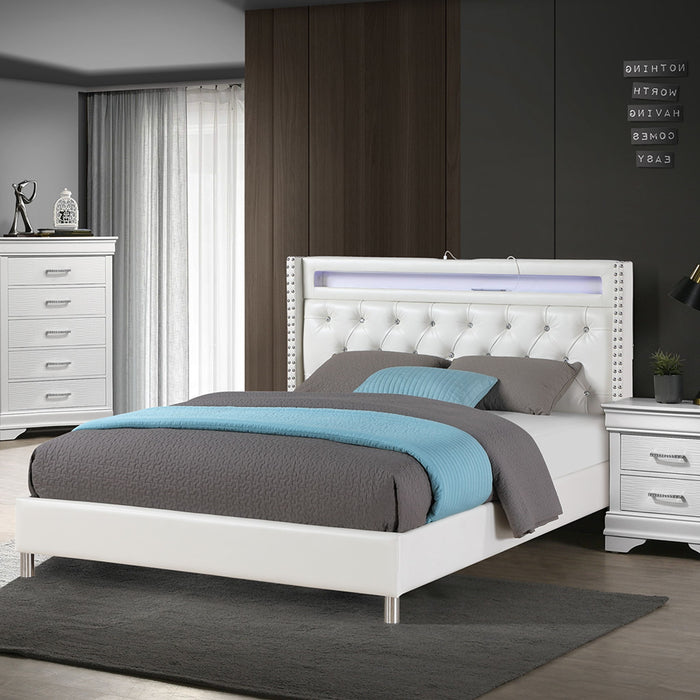 Modern Bed With LED Lights, Charging Port, Tufted Headboard