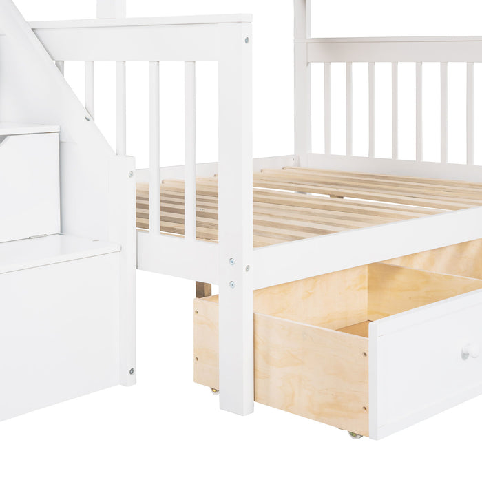 Solid L Shaped Bunk Bed With 3 Drawers, Ladder And Staircase
