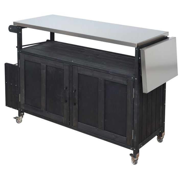 Foldable Outdoor Kitchen Island With Lockable Wheels, Storage Cabinet And Towel Rack For Patio