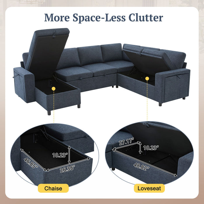U - Shaped Convertible Sectional Sofa Bed With Storage, USB Charger & Cup Holders