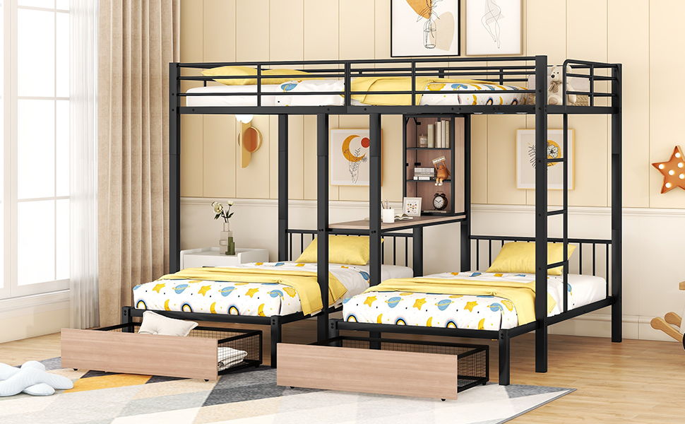 Triple Bunk Bed With Drawers, Multi-Functional Frame With Desks And Shelves In The Middle