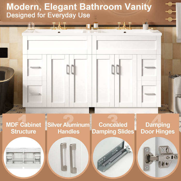 Bathroom Vanity With 4 Cabinet Doors, 4 Drawers, Dual Sinks, Hidden Soft Close Slides And Hinges - White