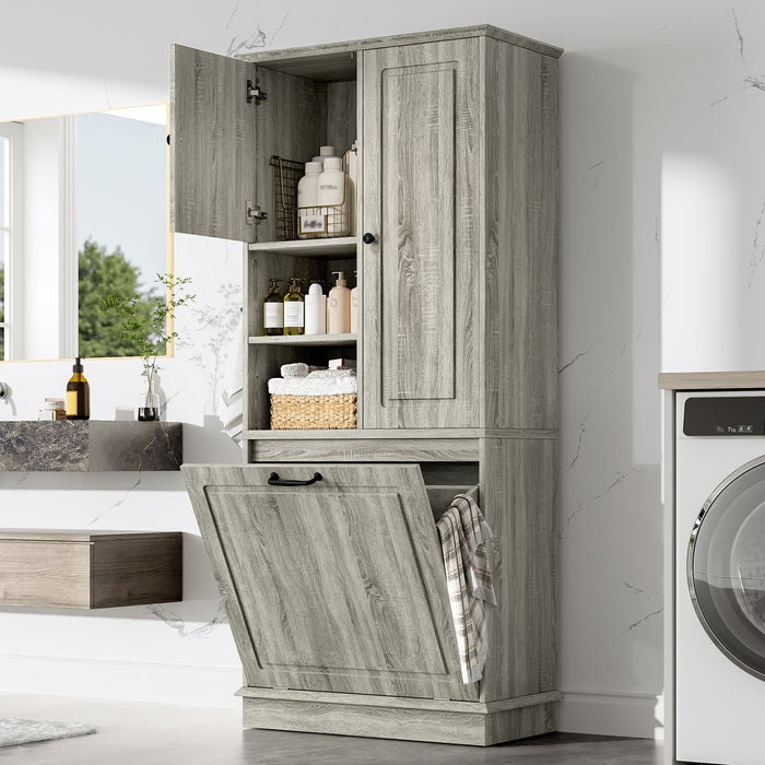 Modern Tall Storage Cabinet With Adjustable Shelves, Flip-Out Basket & Enclosed Doors