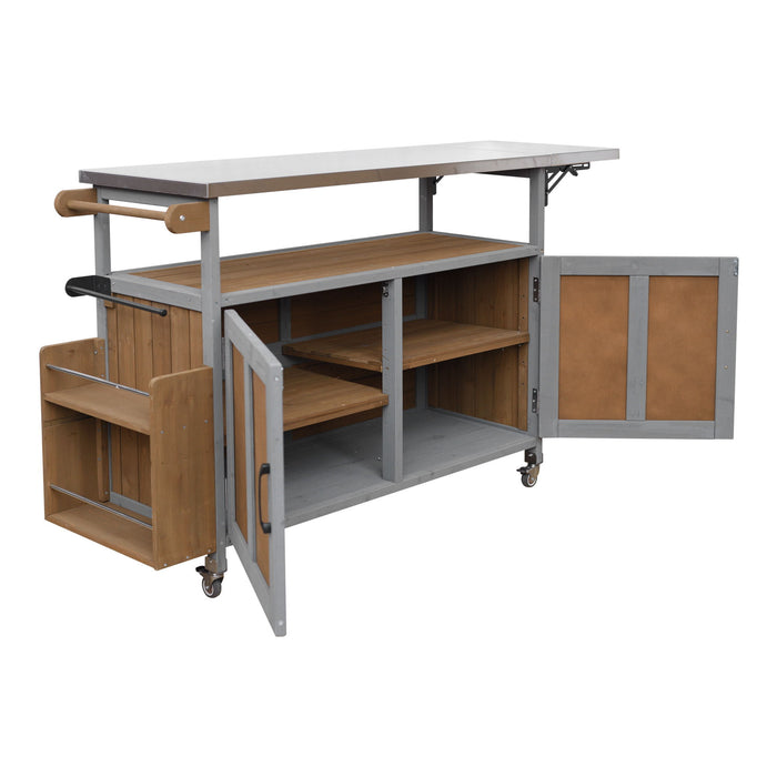 Foldable Outdoor Kitchen Island With Lockable Wheels, Storage Cabinet And Towel Rack For Patio