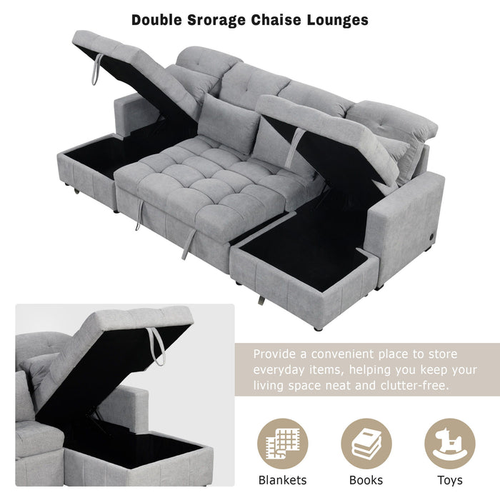 Oversized U-Shaped Versatile Sectional, Pull-Out Sofa Bed With Double Storage Chaise Lounges And 2 USB Ports For Living Room