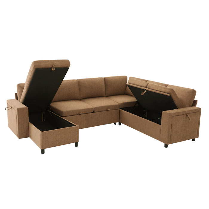 U - Shaped Convertible Sectional Sofa Bed With Storage, USB Charger & Cup Holders