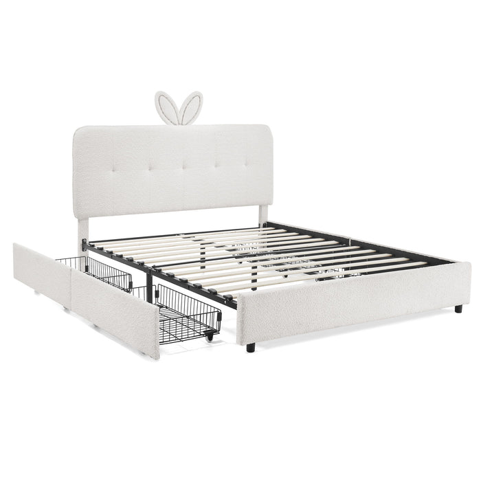 Upholstered Bed With Oversized Rabbit Ear Headboard, LED Lights & 4 Storage Drawers