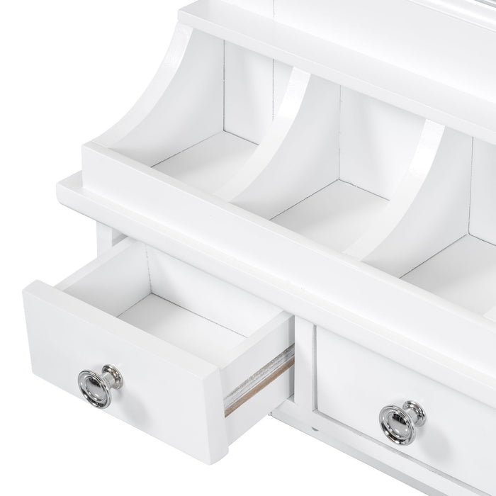 Floating Makeup Vanity With Big Mirror, Wall Mounted Storage Vanity With Drawers, Pockets & Hooks, Space Saving Decorative Home Organizer - White